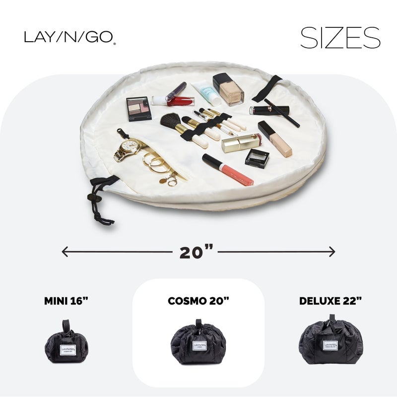 لاي-أن-جو منظم حقيبة مستحضرات التجميل والمكياج من Lay-n-Go Cosmo - حقيبة مكياج محمولة برباط مع حلقات مكياج بجيب بسحاب والمزيد - حقيبة أدوات زينة متينة قابلة للغسل في الغسالة (20 بوصة مريحة/أبيض) - Image 5